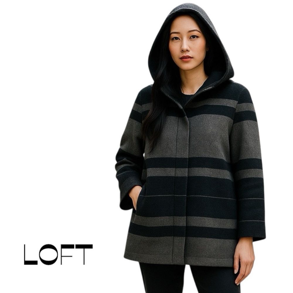 LOFT Black Gray Striped Hooded Coat NWOT Size SP Academia Preppy